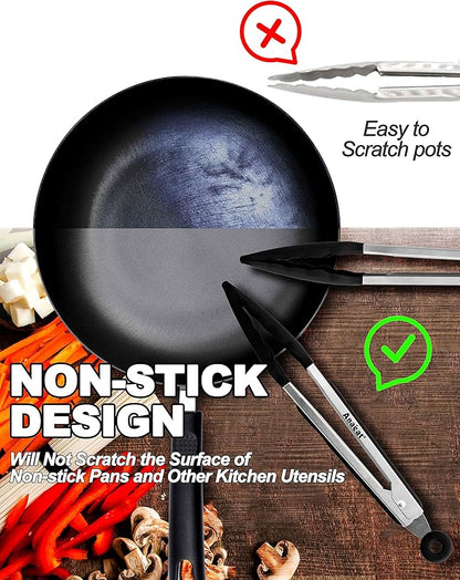 Anaeat Non-Stick Silicone Locking Tong - Stainless Steel 9" Kitchen Food Tongs with Non-Slip Silicone Tips and Grip for Cooking, Baking and BBQ - Heat Resistant up to 480°F (Black)