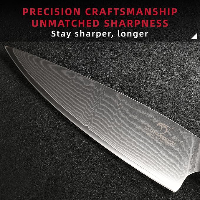 NANFANG BROTHERS 9 Pieces Damascus Kitchen Knife Sets with 67-Layer Japanese Damascus Steel, ABS Ergonomic Handle, Professional Ultra Sharp Knife Sets for Chefs with Beechwood Block