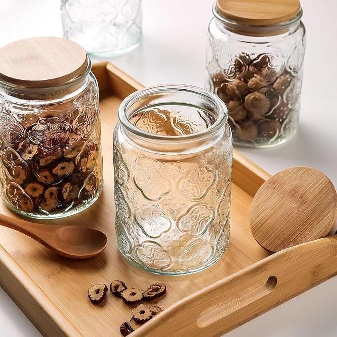 Custde Glass Storage Jars With Airtight Lid, 23.7oz Canister For Kitchen Counter with Bamboo Lid, brown sugar, candy, coffee, cookie, salt, tea,pantry cute Jar (Begonia Flowers*2)