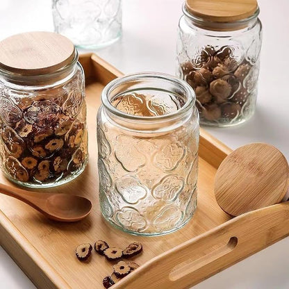 Custde Glass Storage Jars With Airtight Lid, 23.7oz Canister For Kitchen Counter with Bamboo Lid, brown sugar, candy, coffee, cookie, salt, tea,pantry cute Jar (Begonia Flowers*2)