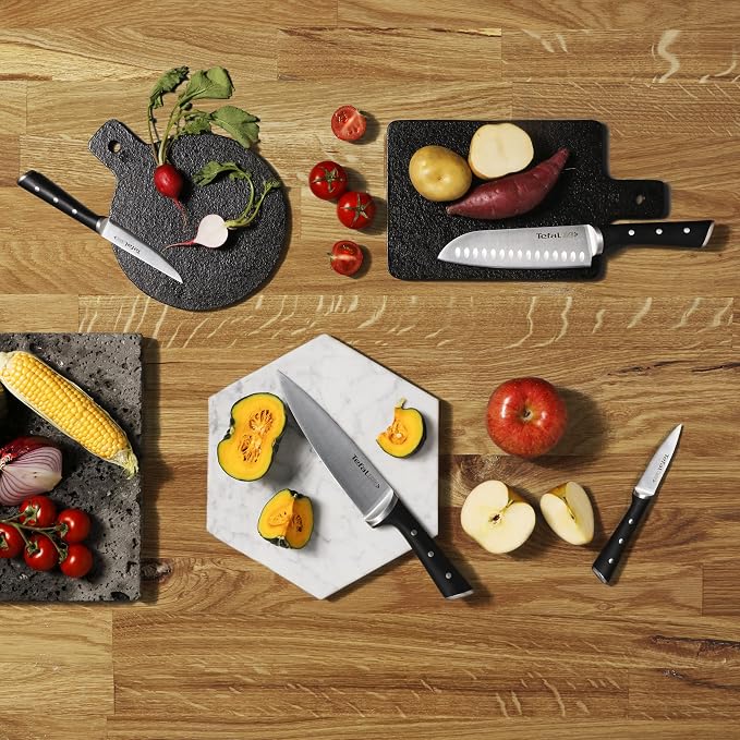 Tefal Wooden Knife Block 5pc Set- Ice Force Knives, German Stainless Steel & Premium Design - Bread 20 cm | Chef 20 cm | Santoku 18 cm | Utility 11 cm | Paring 9 cm - K232S574