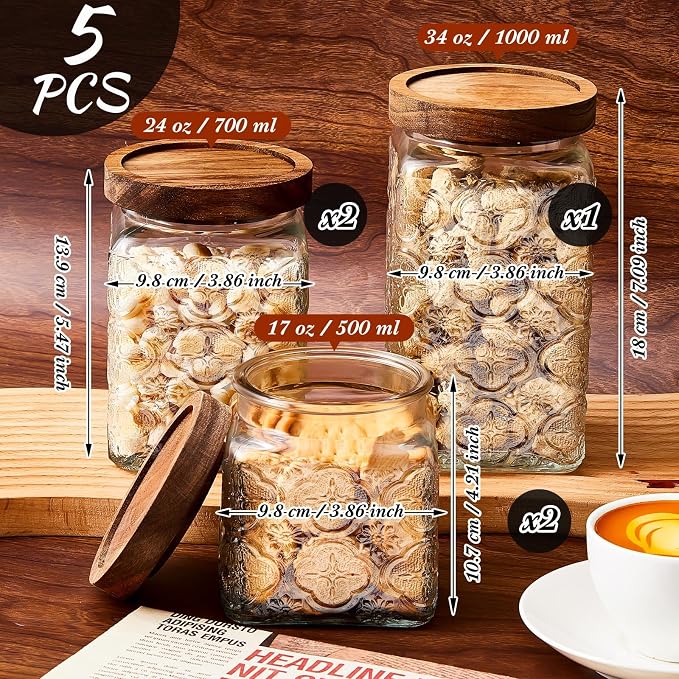 Gerrii Clear Begonia Square 5 Pcs Vintage Glass Food Storage Containers 17/24/34 oz Glass Jar with Lid Airtight Candy Food Canisters for Kitchen Counter Pantry Coffee Beans