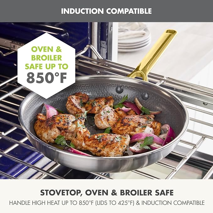 GreenPan Hybrid 6-Piece Frying Pan Set (8, 10, 12-inch Skillets with Glass Lids), Ceramic Nonstick with Tri-Ply Stainless Steel, Induction & All Cooktop Compatible, Dishwasher & Oven Safe, Gold