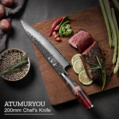 Japanese Chef Knife, 8 Inch VG10 Damascus Kitchen Knife, Professional Black Forged Kitchen Knives with Red Ergonomic Handle, Leather Sheath & Luxury Gift box, Perfect Birthday Gifts for Women Mom