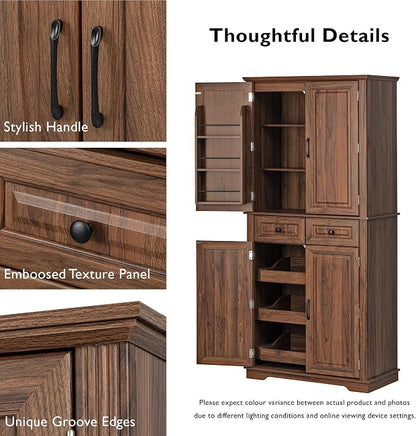 VilroCaz Wooden 71" H Kitchen Pantry Cabinet with 3 Pull Out Cabinet Organizers, Freestanding Cupboard Storage Cabinet with 4 Doors and 2 Drawers, Farmhouse Embossed Texture Design (Brown-5.K)