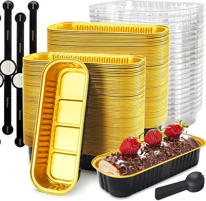 100 Pack Mini Loaf Pans with Lids Rectangle Individual Cake Pans Aluminum Foil Pans for Large Gatherings Picnics Vacations Parties, Graduation Gifts Party Favors(Black Gold, 6.8 OZ)