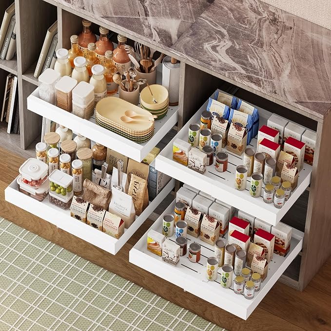 2-Pack Pull-Out Cabinet Organizer with Expandable - Spice Rack Organizer for Cabinet & Slide-Out Drawers for Kitchen Cabinets，Adjustable Width 11.8"-19.7"White