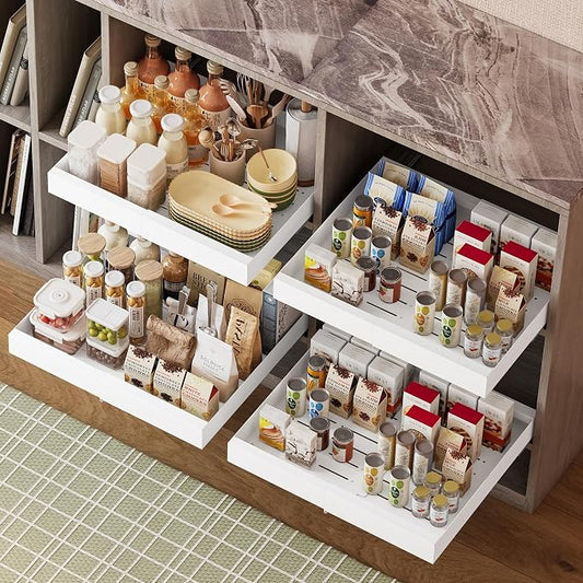2-Pack Pull-Out Cabinet Organizer with Expandable - Spice Rack Organizer for Cabinet & Slide-Out Drawers for Kitchen Cabinets，Adjustable Width 11.8"-19.7"White