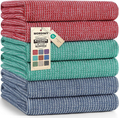 Mordimy Premium Kitchen Towels 6 Pack (18 x 28 Inches, Navy Blue/Red/Green), Large Cotton Flat & Terry Kitchen Hand Towel, Super Absorbent Tea Dishtowels Set with Hanging Loop