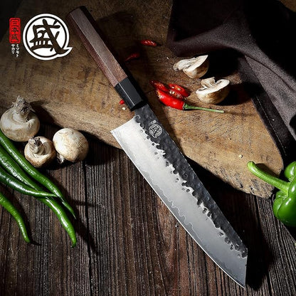 MITSUMOTO SAKARI 9-Inch Japanese Kiritsuke Chef Knife, 9Cr18MoV Steel | Angled tip and long flat edge for slicing, 3-layer 9Cr18MoV steel, rosewood handle, sandalwood box