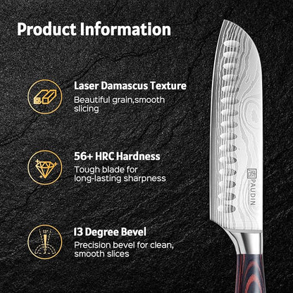 PAUDIN 7" Santoku Japanese Chef Knife – Forged High Carbon German Stainless Steel (58±2 HRC) – Ultra Sharp Razor Edge & Long-Lasting – Ergonomic Pakkawood Handle – Gift for Home Cook & Pro Chef