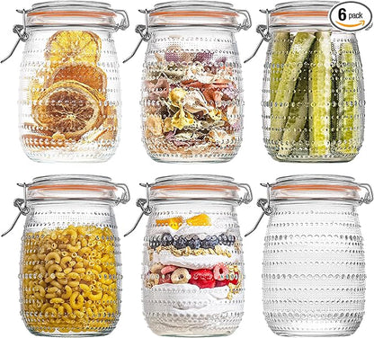 WACOI 32 Oz Glass Mason Jars with Airtight Lids 6 Pack, Wide Mouth Canning Jars with Clip Top Lids for Kitchen Storage Pickling Salad Jams Coffee Beans