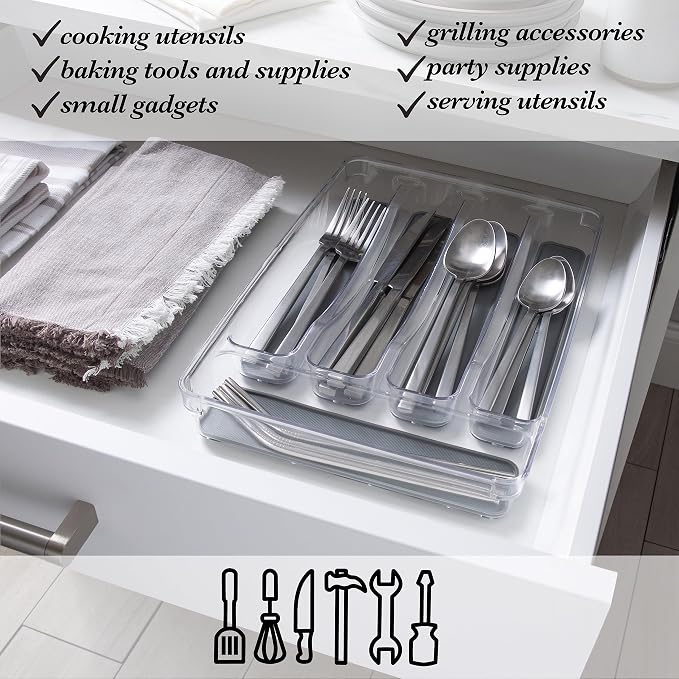Kitchen Details 23195 Utensil and Cutlery Drawer Organizer, Divider, Tray, Storage, 5 Compartment, Clear (Pack of 2)