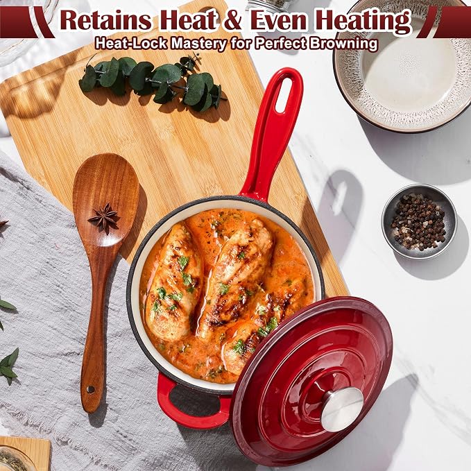 E-far Sauce Pan Set with Lid, 1Qt & 2Qt Enameled Cast Iron Pot Sets for Kitchen Cooking, Small Heavy Duty Dutch Oven Saucepans & Self-basting Lids, Induction-Ready & Easy Clean, Red