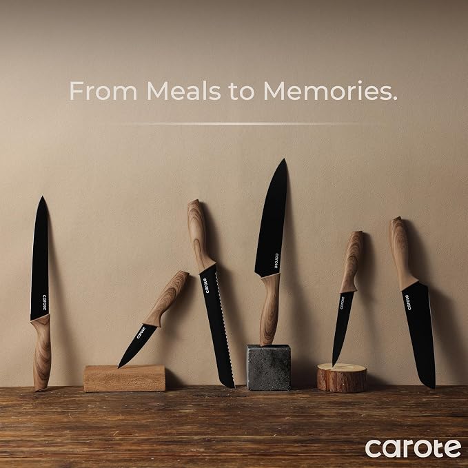 CAROTE 12PCS Knife Set, Stainless Steel Kitchen Knife Set with Nonstick Ceramic Coating, 6 Knives with Blade Guards, Rustproof, Easy-Clean, Black