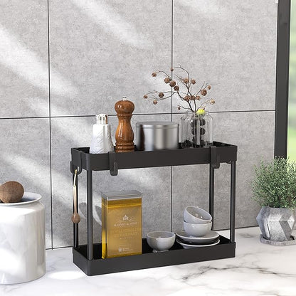 Simple Houseware 2-Tier Under Sink Organizer Storage Tray with Hooks, Black