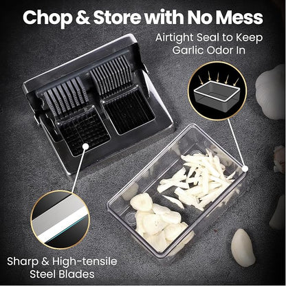 Garlic Chopper, 2-in-1 Slice + Dice, Garlic Press Stainless Steel, Fridge Friendly, Ginger Dicer Air Tight Container, Dishwasher Safe Mini Chopper, Premium Mincer with 5-Year warranty