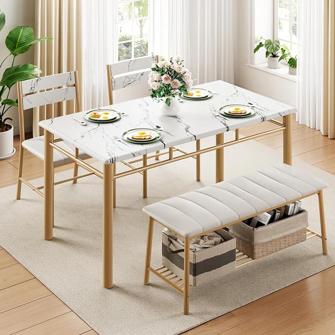 IRONCK Dining Table Set for 4, Kitchen Table with Upholstered Bench and 2 Chairs, Kitchen Table and Chairs Set for Small Space, Apartment, White & Gold
