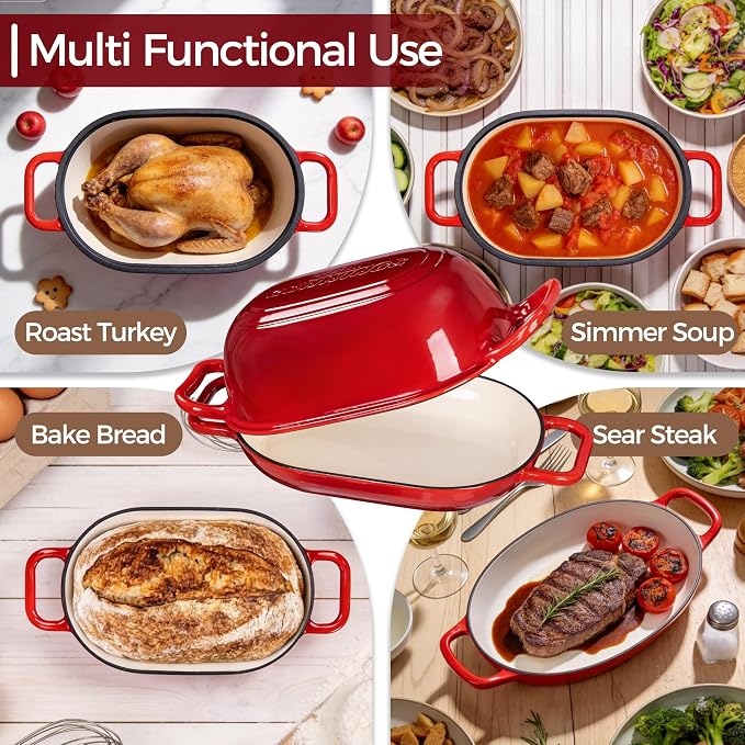 Oval Dutch Oven for Bread Baking, 12 x 8 Inch Cast Iron Bread Oven for homemade bread, Sourdough Dutch Oven Bread baking Pan for a Crispy Crust, 5QT, Cherry