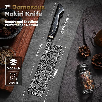 Huusk Damascus Nakiri Knife 7 Inch, Japanese Damascus Steel Chef Knives, Cleaver and Vegetable Knife with Ergonomic Resin Handle, Razor Sharp Kitchen Knives, Birthday Cooking Gifts for Men and Women