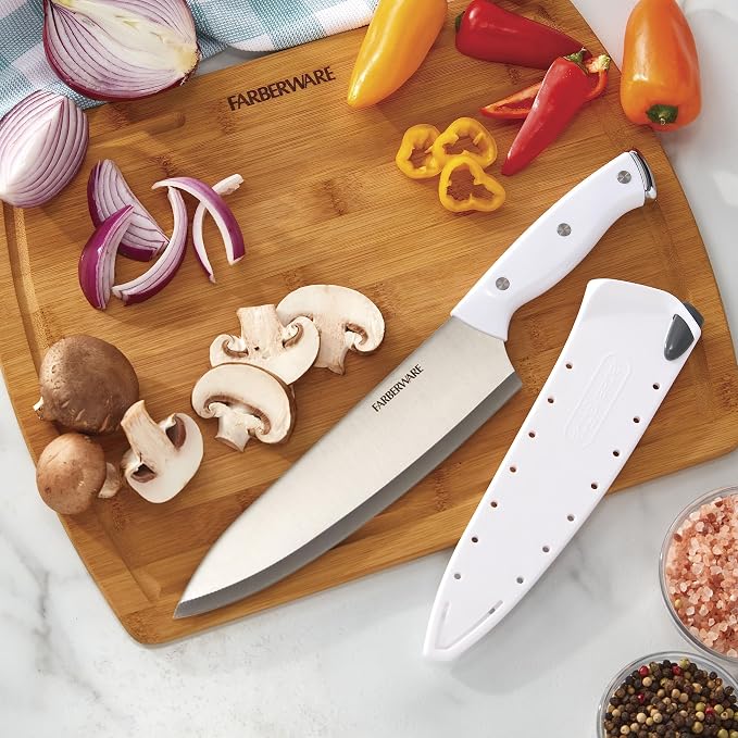 Farberware Edgekeeper Triple Riveted Chef Knife with Self-Sharpening Blade Cover, High Carbon-Stainless Steel Kitchen Knife with Ergonomic Handle, Razor-Sharp Knife, 8 Inch, White