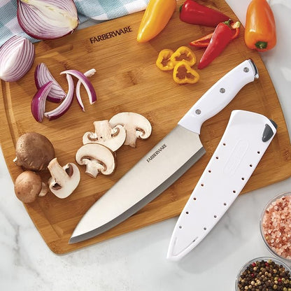 Farberware Edgekeeper Triple Riveted Chef Knife with Self-Sharpening Blade Cover, High Carbon-Stainless Steel Kitchen Knife with Ergonomic Handle, Razor-Sharp Knife, 8 Inch, White