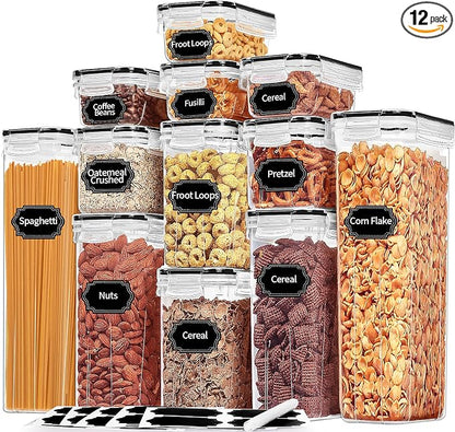 PRAKI Airtight Food Storage Containers with Lids, 12PCS Plastic Kitchen Storage Containers for Pantry Organizers and Storage - Cereal, Rice, Flour and Sugar Containers with Labels & Marker