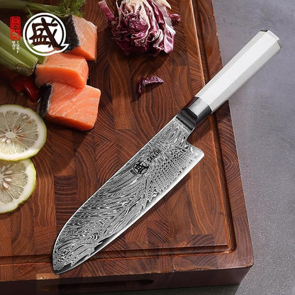 MITSUMOTO SAKARI 7-Inch VG-Pro Damascus Santoku Knife, Hand Forged Professional Japanese Chef Knife, Ergonomic G10 Handle & Sandalwood Box