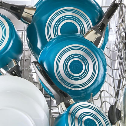 Farberware Dishwasher Safe Aluminum Nonstick Cookware Pots and Pans Set, 15-Piece, Teal