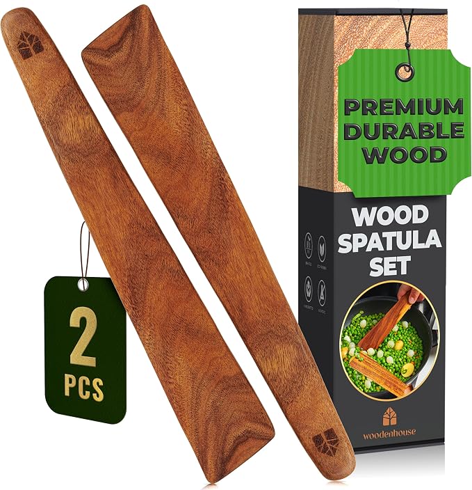 Wooden Spatula for Cooking Set of 2-12 Inch Teak Spatula for Non Stick Frying Pan - Turner & Flipper for Cast Iron, Egg & Pancake Scraper - BPA Free & Heat Resistant Wooden Cooking Utensils