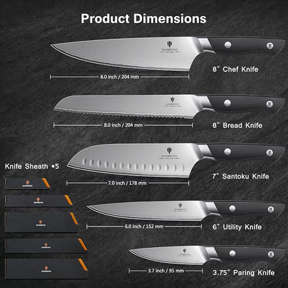 10 PCS Knife Set with Knife Sheath, Japanese Kitchen Knife Set with 5 Layers High Carbon 9Cr18Mov Stainless Steel, Sharp Professional Chef Cooking Knife with Ergonomic Handle, Dishwasher Safe