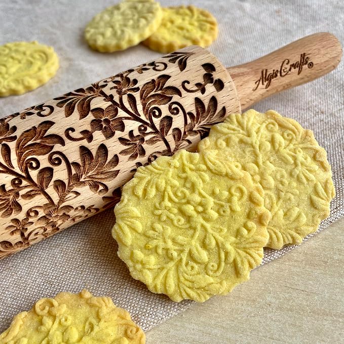 FLOWERS 3 Kid Rolling Pin Set with Damask, Folk and Floral Wreath Patterns. Wooden Laser Cut Mini Rolling Pins for Cookies, Play Dough, Salt Dough or Clay by Algis Crafts