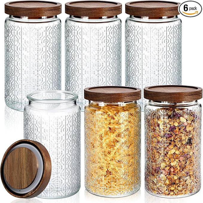 Domensi 6 Pcs Vintage Glass Jars 34 oz Glass Storage Jars with Lids Window Pattern Airtight Storage Containers for Kitchen Counter Pantry Coffee Bean Grains Tea Sugar Flour Candy Oats