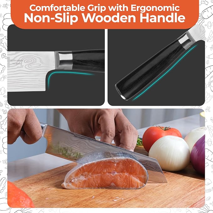 Gidli 8 Inch Chef Knife with Diamond Sharpener - Sharp German Carbon Stainless Steel Kitchen Knife for Precision Cutting - Ergonomic Wooden Handle for Comfortable Slicing and Chopping