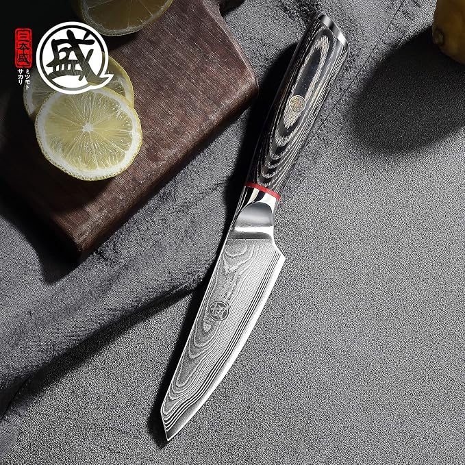 MITSUMOTO SAKARI Paring Chef Knife 4 inch - 67-Layer AUS-10 Damascus Steel, Hand Forged Japanese Fruit Knives, PakkaWood Handle & Sandalwood Box