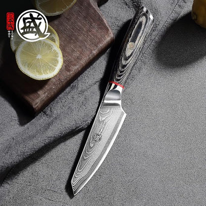 MITSUMOTO SAKARI Paring Chef Knife 4 inch - 67-Layer AUS-10 Damascus Steel, Hand Forged Japanese Fruit Knives, PakkaWood Handle & Sandalwood Box