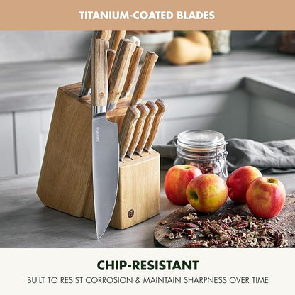 GreenPan Elite 13 Piece Wooden Knife Block Set, Professional Stainless Steel Blades with Titanium Coating, Ultra-Sharp Kitchen Cutlery, Chef, Santoku, Bread & Steak Knives, Ergonomic Light Wood Handle