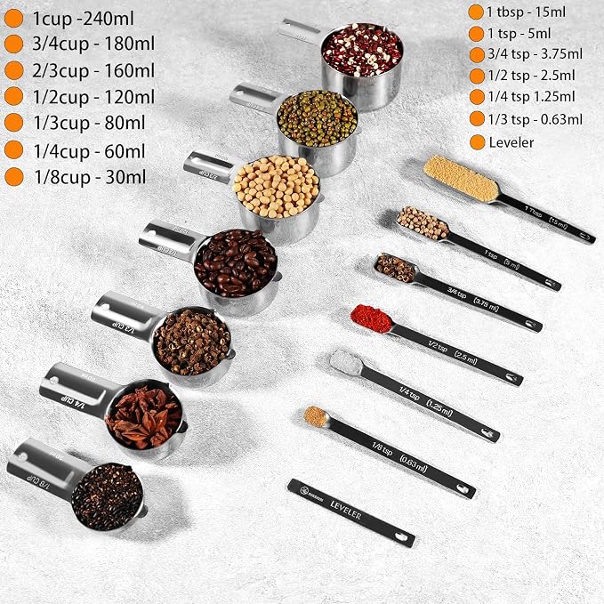 AIKEXIN 20 PCS Measuring Cups & Spoons Set, for Cooking & Baking Gadgets | 18/10 Stainless Steel Metal, Nesting Stackable Design, Dry & Liquid, Plastic Liquids, Leveler Conversion Chart