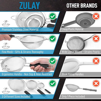 Zulay Kitchen Premium Stainless Steel Fine Mesh Strainer Set - Strainers For Kitchen (Set of 3) With Non-Slip Handles - Includes A Small, Medium & Large Fine Mesh Sieve Set - Durable Metal Strainer