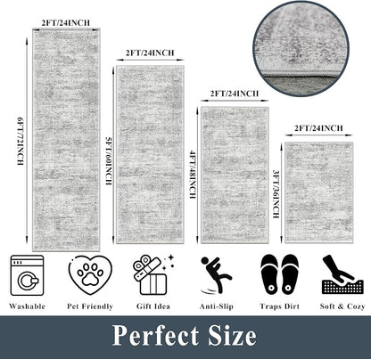 Washable Kitchen Rugs Sets of 4, Non Slip Standing Mat Rug, Stain Resistant Waterproof Kitchen Mats for Floor Kitchen Sink Laundry Entryway (Grey Ivory, 2x3+2x4+2x5+2x6)