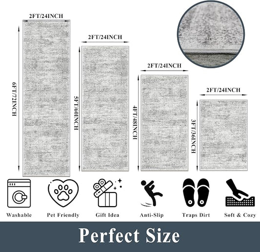 Washable Kitchen Rugs Sets of 4, Non Slip Standing Mat Rug, Stain Resistant Waterproof Kitchen Mats for Floor Kitchen Sink Laundry Entryway (Grey Ivory, 2x3+2x4+2x5+2x6)