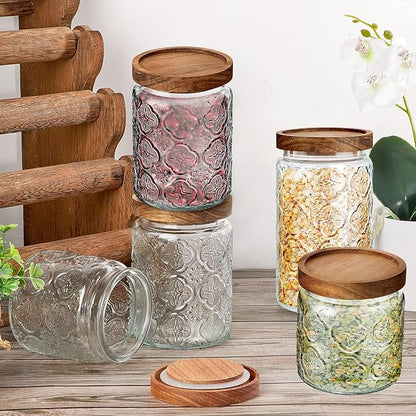 Gerrii Clear Begonia Round 5 Pcs Vintage Glass Food Storage Containers 17/24/34 oz Glass Jar with Lid Airtight Candy Food Canisters for Kitchen Counter Pantry Coffee Beans