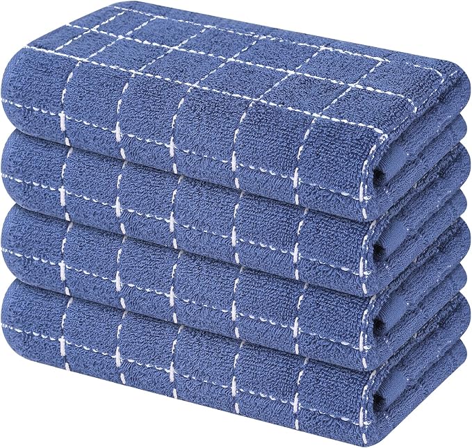 Mordimy 100% Cotton Terry Cloth Kitchen Towels, Super Soft and Absorbent Dish Towels for Drying, Checkered Designed Hand Towels, 16 x 26 Inches, 4 Pack, Navy Blue