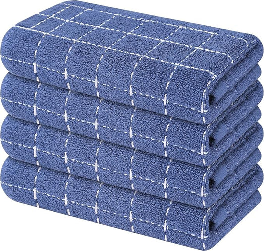 Mordimy 100% Cotton Terry Cloth Kitchen Towels, Super Soft and Absorbent Dish Towels for Drying, Checkered Designed Hand Towels, 16 x 26 Inches, 4 Pack, Navy Blue