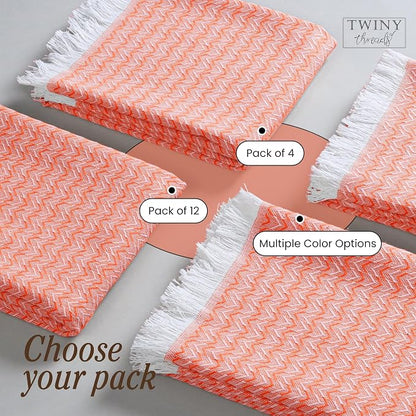 TWINY threads Kitchen Dish Towel Chevron Design, Premium Large 100% Cotton Kitchen Linen Set, Dish Rags for Drying Dishes, Absorbent Quick Drying Wash Rags, Pack of 4, 16 x 26 Inch, Orange