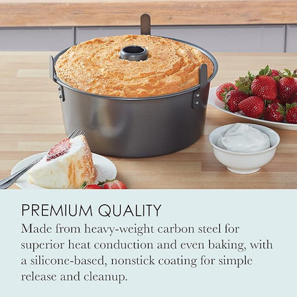 Chicago Metallic Angel Food Cake Pan with Cooling Feet, 2-Piece Nonstick Tube Pan, 9.5 Inch Carbon Steel, Perfect for Pound and Sponge Cakes