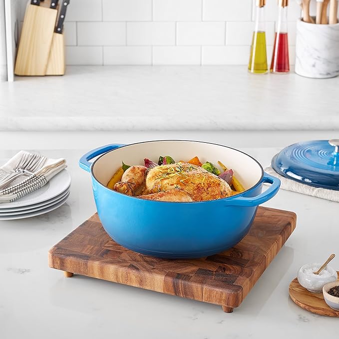 Basics Enameled Cast Iron Dutch Oven Pot with Lid, Round, Dual Handles, Heavy-Duty, Oven Safe for Stews, Roasting, Baking, 7.3-Quart, Blue