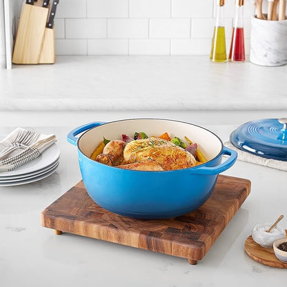 Basics Enameled Cast Iron Dutch Oven Pot with Lid, Round, Dual Handles, Heavy-Duty, Oven Safe for Stews, Roasting, Baking, 7.3-Quart, Blue