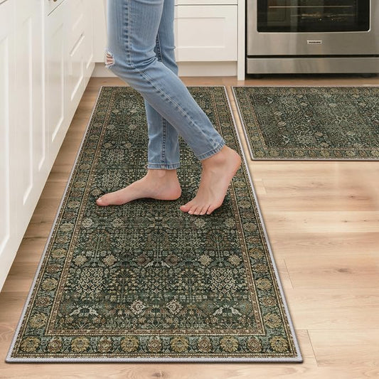 GENIMO Kitchen Rugs Non Slip Washable, 2PCS Kitchen Mats for Floor, Cushioned Standing Mat, Kitchen Runner Rug Floor Mat for Kitchen Decor, Laundry, Sink, Home, 20"x32"+20"x48", Dark Green/Multi