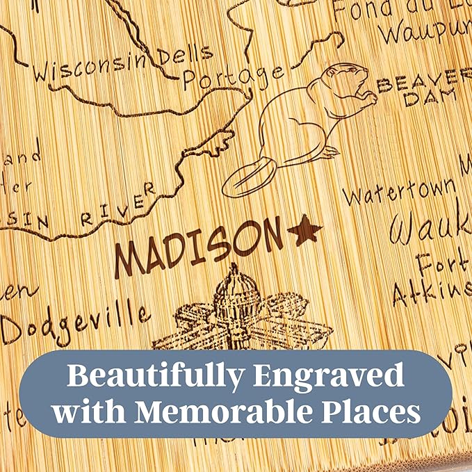 Totally Bamboo Destination Wisconsin State Shaped Serving and Cutting Board, Includes Hang Tie for Wall Display